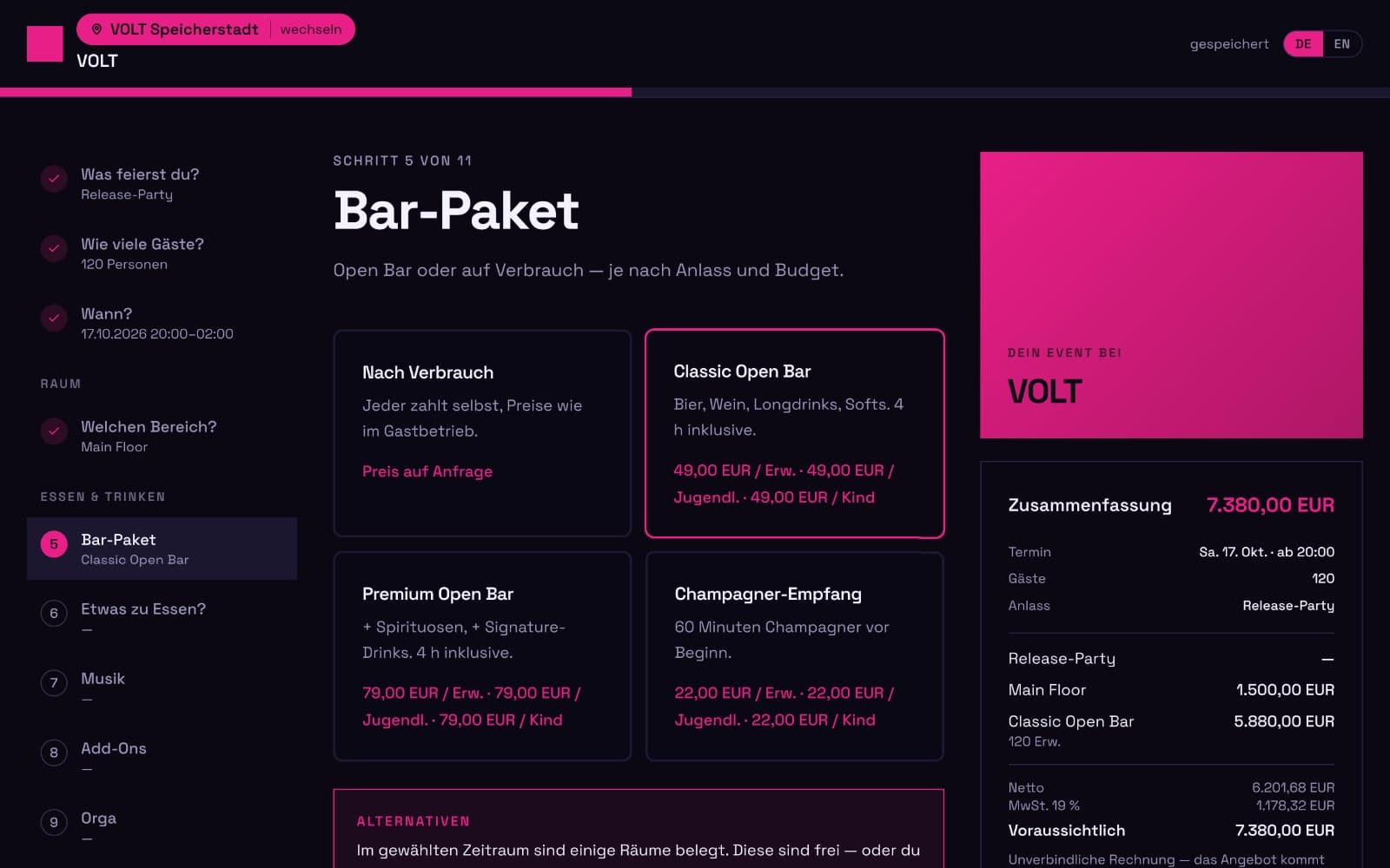 Screenshot: Anfrage-Assistent auf der Gast-Website