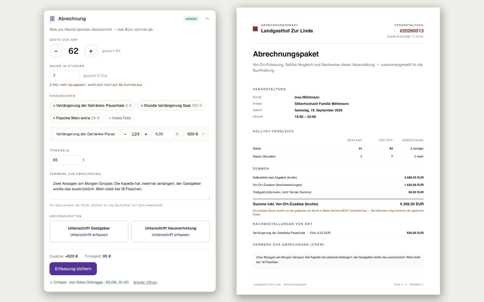 Screenshot: Abrechnung mit Ist-Werten
