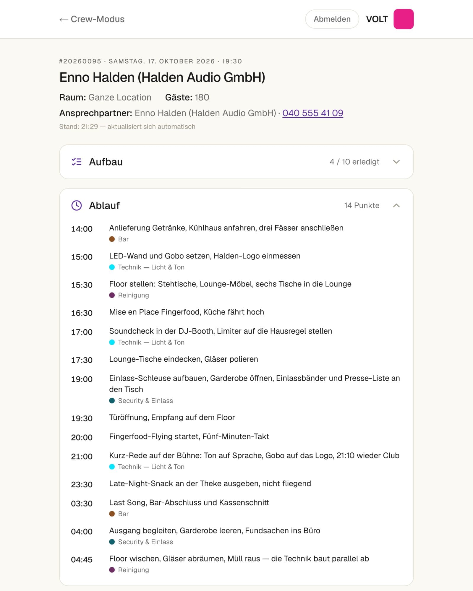 Screenshot: Crew-Modus, Aufbau-Blatt und Küchenzettel