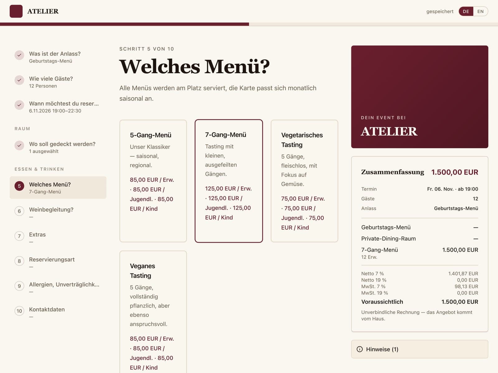 Screenshot: Menü-Auswahl im Anfrage-Assistent