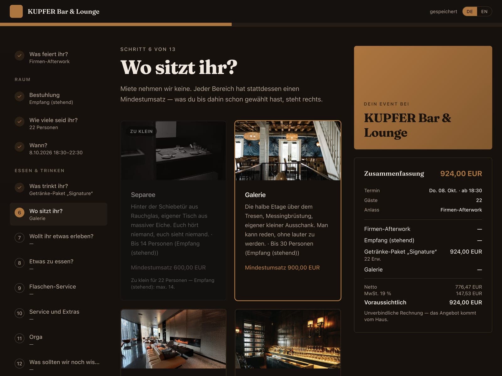 Screenshot: Bereichs-Auswahl mit Mindestumsatz