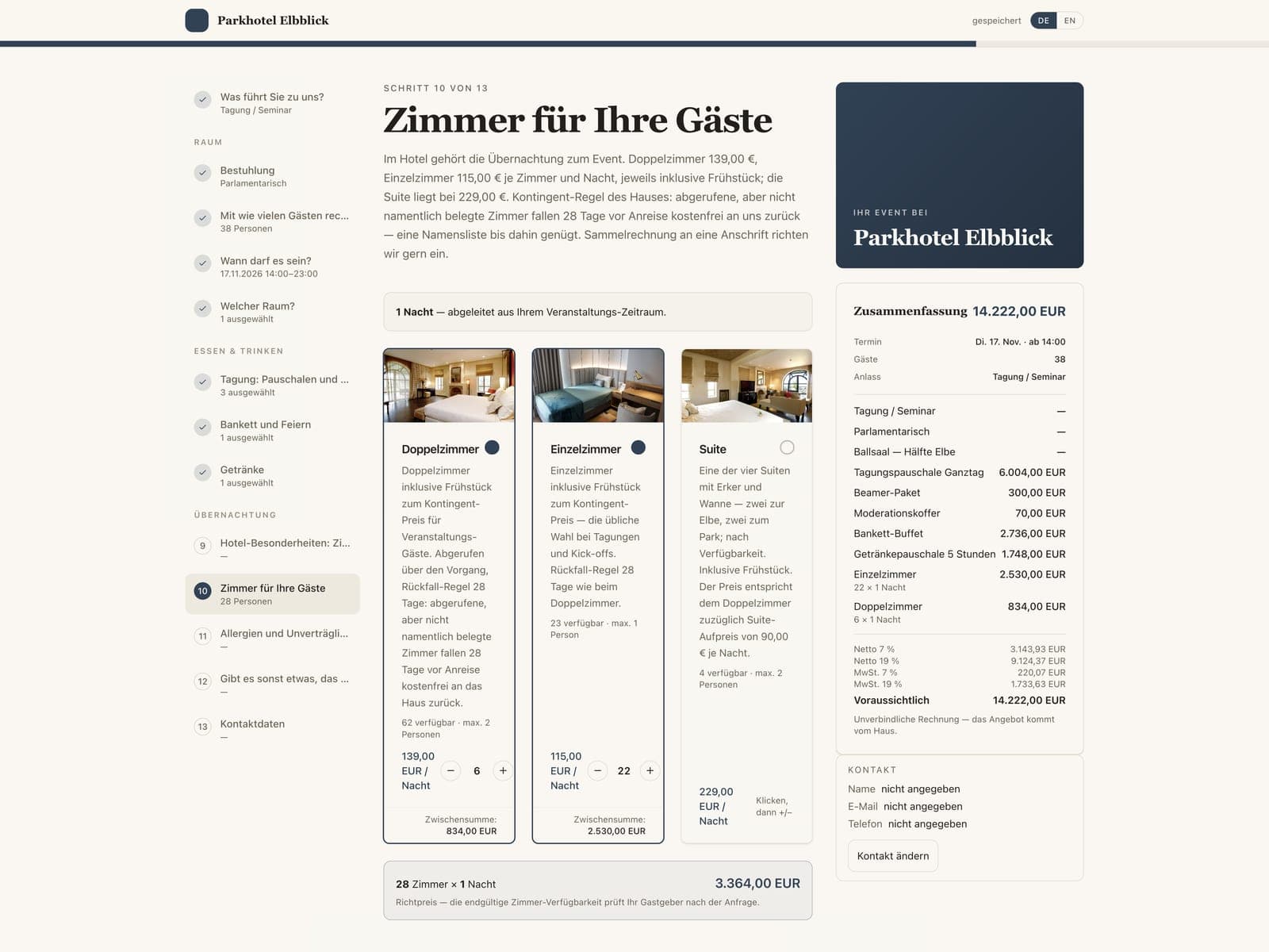 Screenshot: Pauschalen-Auswahl mit Zimmern