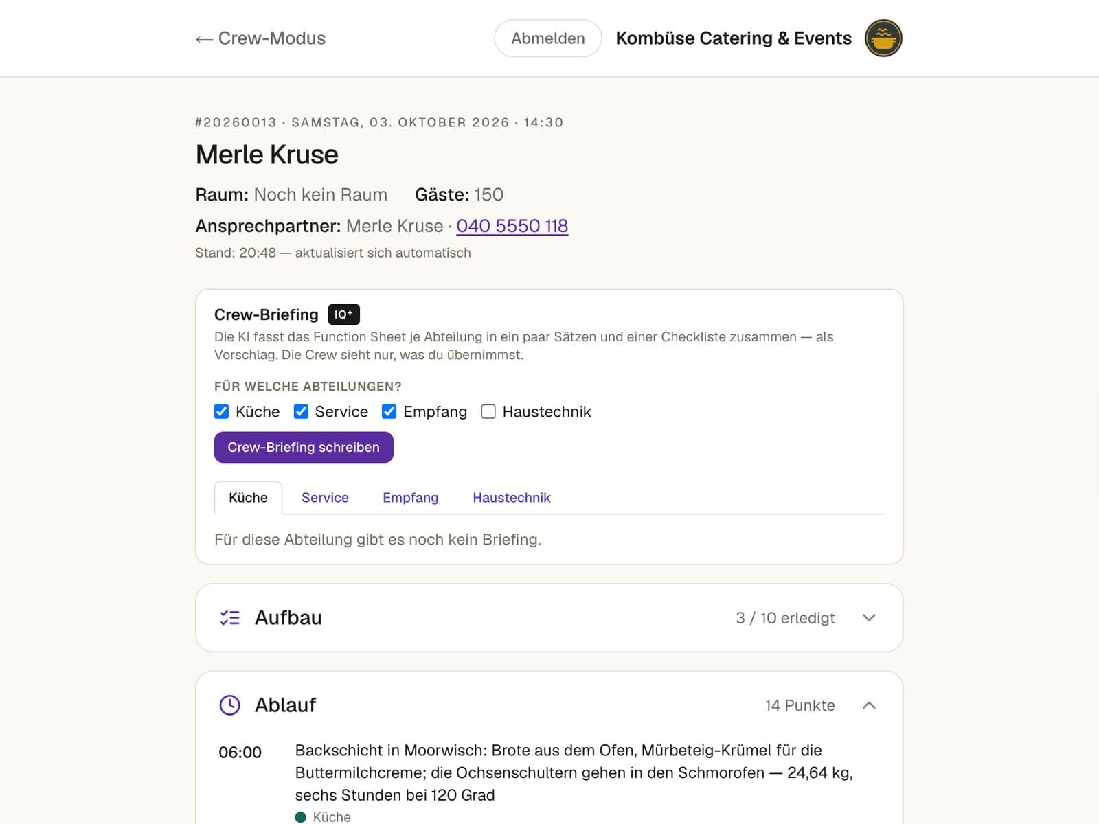 Screenshot: Arbeitsblatt Catering-Einsatz mit Ablauf