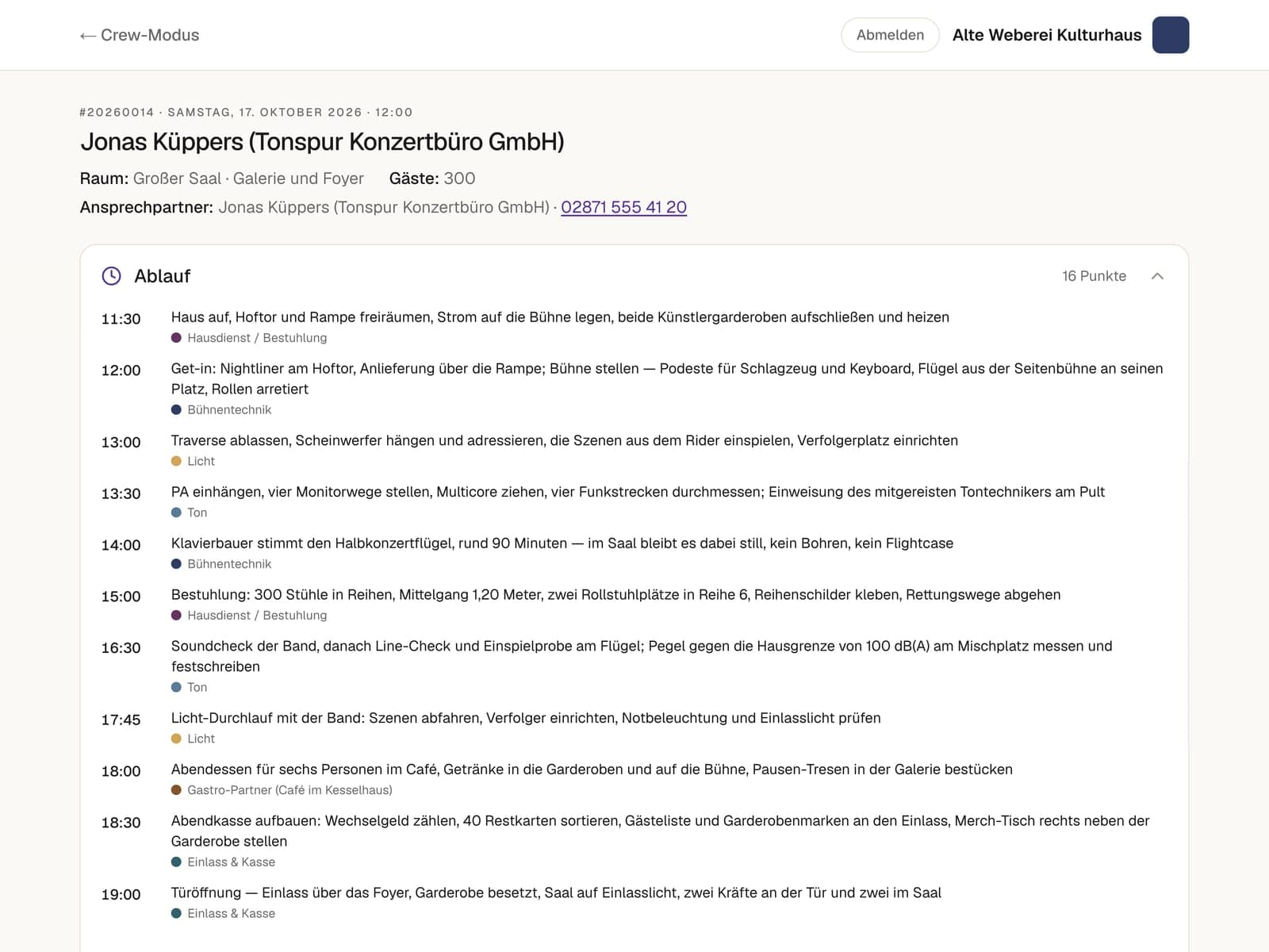 Screenshot: Ablaufplan Technik