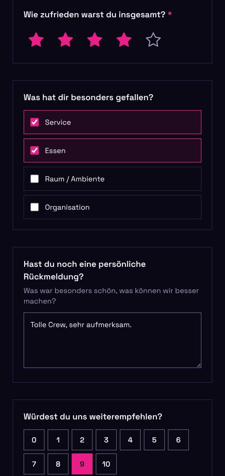 Screenshot: Feedback-Formular des Gastes am Handy, vier von fünf Sternen gewählt